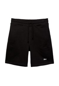 Shorts décontractés noirs avec taille élastique, cordon de serrage, poches latérales et petit logo blanc près de l'ourlet sur la jambe droite.