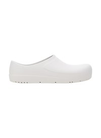 White rubber clogs featuring a smooth, rounded design, a raised back for stability, and textured soles for grip. No visible patterns or accents.
