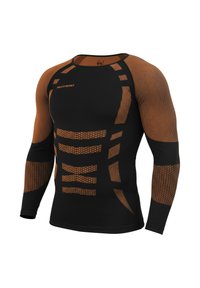 Black long-sleeve athletic shirt featuring orange geometric patterns and textured accents across the shoulders and sleeves.
