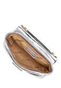 Metallic silver clutch bag with a smooth texture, gold hardware, and a beige lining featuring a repeating logo pattern. Closure is secure.