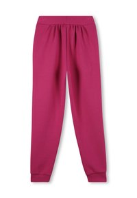 Fuchsia joggers met een brede elastische tailleband, geplooide details aan de achterkant en aansluitende boorden bij de enkels. Glad stofmateriaal.