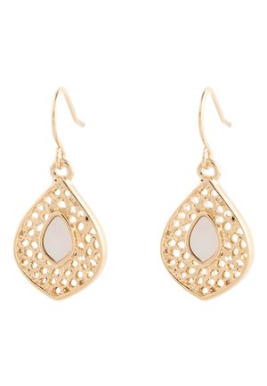 Gold teardrop-shaped earrings with perforated design and a smooth central teardrop mirror detail on hooks for pierced ears.