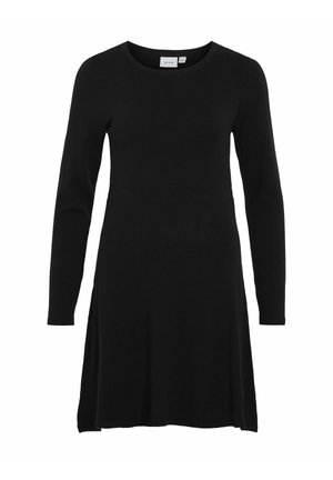 Robe noire à manches longues avec un col rond, un corsage ajusté et une jupe évasée. Fabriquée dans un tissu lisse sans motifs ou détails visibles.