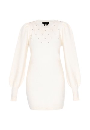 White knitted sweater dress with puff sleeves, round neckline, and embellished with small, clear rhinestones across the chest.