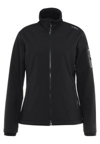 Veste en softshell noire avec col haut, fermeture éclair à l'avant et poches latérales. Caractéristiques : un logo et une poche zippée sur la manche gauche.