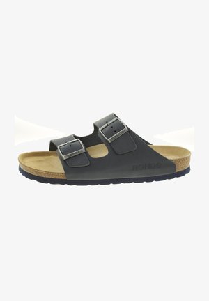 Schwarze Leder-Sandalen mit zwei verstellbaren Schnallen, Korkfußbett und strukturiertem Gummisohle. Markenname "ROHDE" auf der Seite eingeprägt.