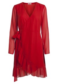 Vestido envolvente rojo con mangas largas transparentes, escote en v, falda con volantes y un lazo lateral. Hecho de tela ligera y semi-transparente.