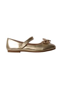 Chaussure plate Mary Jane dorée pour fille avec un nœud pailleté sur l’avant et une bride unique sur le cou-de-pied.