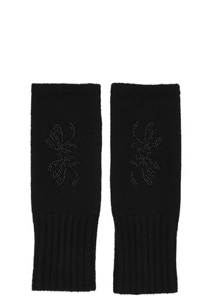 Black knitted wrist warmers with ribbed cuffs and a subtle stitched floral pattern on the back of each.