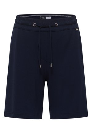 Shorts décontractés bleu marine avec taille élastique et cordon ajustable, avec une petite étiquette métallique de la marque sur le côté.