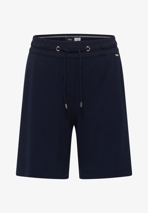 Shorts décontractés bleu marine avec taille élastique et cordon ajustable, avec une petite étiquette métallique de la marque sur le côté.