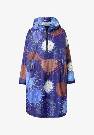 Voděodolný deštník s modro-fialovým vzorem, na kterém jsou velké, ostnaté tvary v bílé, hnědé a modré barvě. Obsahuje kapuci a přední kapsu.