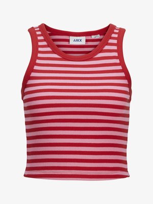 Červený a růžový vodorovně pruhovaný bezrukávý žebrovaný crop top s kulatým výstřihem a značkou JJXX uvnitř.