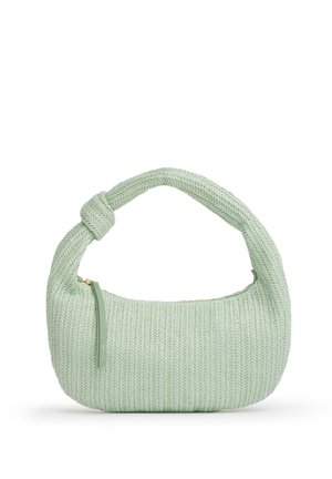 Borsa a maglia verde chiaro con manico annodato e una piccola cerniera verticale sul lato anteriore sinistro.