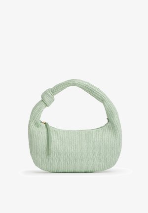 Borsa a maglia verde chiaro con manico annodato e una piccola cerniera verticale sul lato anteriore sinistro.