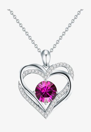 Sølv hjerteformet vedhæng med en central rund pink ædelsten, accentueret med små klare sten langs hjerteomridset.