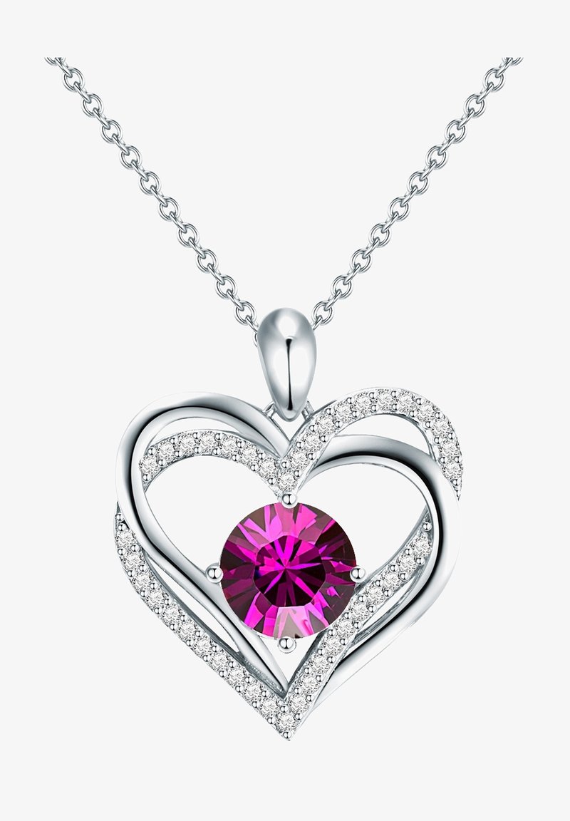 Sølv hjerteformet vedhæng med en central rund pink ædelsten, accentueret med små klare sten langs hjerteomridset.