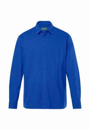 Lange mouwen blauwe overhemdd met een gladde stof, gekenmerkt door een klassieke kraag en een frontale knoopsluiting met bijpassende knopen.