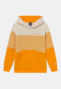 Felpa con cappuccio a blocchi di colore con sezioni beige, marrone chiaro e arancione brillante, realizzata in morbido cotone, con tasca frontale e cappuccio regolabile.