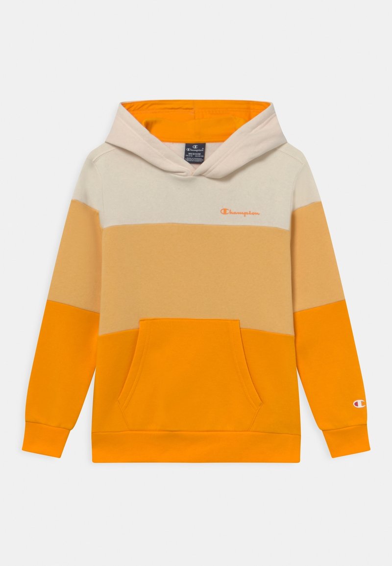 Felpa con cappuccio a blocchi di colore con sezioni beige, marrone chiaro e arancione brillante, realizzata in morbido cotone, con tasca frontale e cappuccio regolabile.