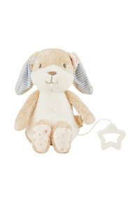 Soft plush bunny with beige fur and blue striped ears. Features a pink flower accent and a star-shaped teether attached. Polka dot paws.