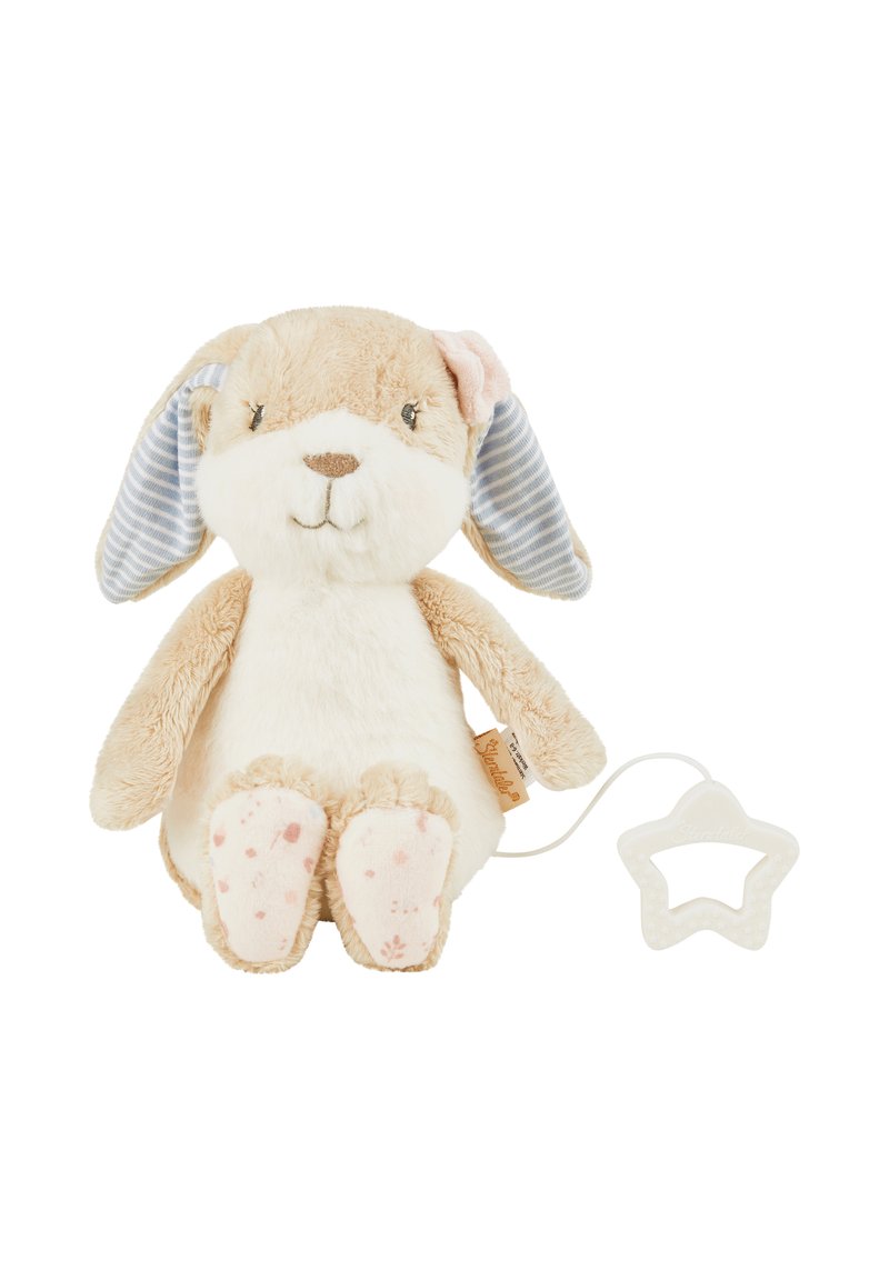 Soft plush bunny with beige fur and blue striped ears. Features a pink flower accent and a star-shaped teether attached. Polka dot paws.
