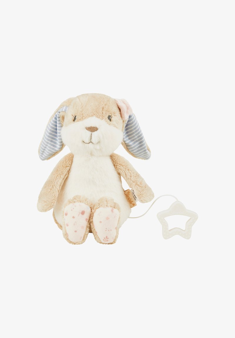 Soft plush bunny with beige fur and blue striped ears. Features a pink flower accent and a star-shaped teether attached. Polka dot paws.