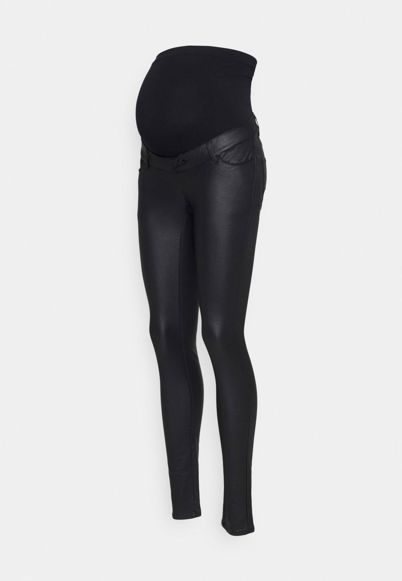 Black maternity leggings featuring a stretchy over-bump waistband, glossy faux leather texture, and side pockets with flap details.
