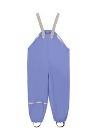 Blå vattentäta overaller med beige justerbara remmar, elastiska ärmslut och reflekterande dekor. Slät textur, praktisk design.