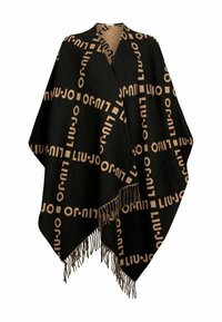 Zwarte poncho met een bruin logo-print, voorzien van een franjeszoom. Gemaakt van zachte stof, heeft het een losse, gedrapeerde vorm, ideaal voor het laagjes dragen.