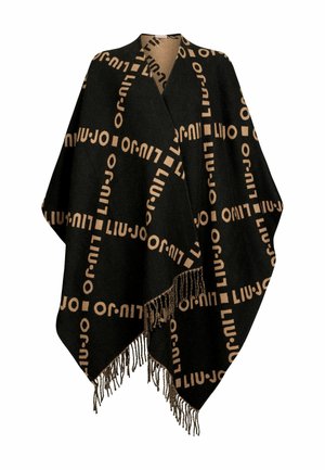 Poncho nero con stampa logo marrone, caratterizzato da un orlo frangiato. Realizzato in tessuto morbido, ha una forma ampia e drappeggiata, ideale per sovrapporre.