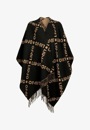 Poncho nero con stampa logo marrone, caratterizzato da un orlo frangiato. Realizzato in tessuto morbido, ha una forma ampia e drappeggiata, ideale per sovrapporre.