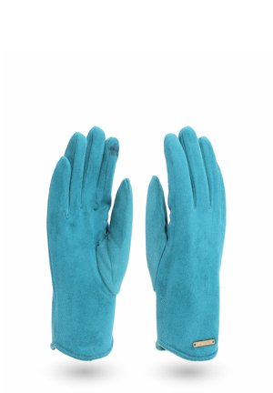 Un paio di guanti in suede verde acqua con un piccolo etichetta metallica sul polso del guanto destro, mostrati con il palmo rivolto verso l'alto e verso il basso.