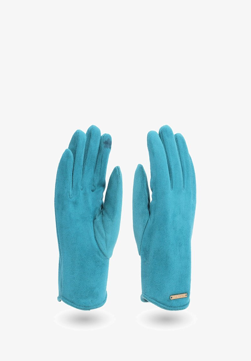 Un paio di guanti in suede verde acqua con un piccolo etichetta metallica sul polso del guanto destro, mostrati con il palmo rivolto verso l'alto e verso il basso.