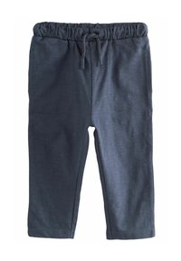 Pantaloni jogger de culoare albastru închis, realizati dintr-un material moale, dotati cu un tiv elastic si un cordon de strângere, două buzunare frontale și o textură fină.