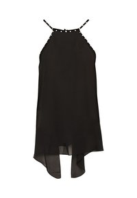 Abito nero senza maniche con spalline sottili, colletto alto, orlo asimmetrico e piccole decorazioni bianche lungo il colletto e le spalline.