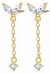 Złote kolczyki z kryształami w kształcie marquise, z łańcuszkowym wzorem z okrągłymi kryształowymi akcentami na końcach.