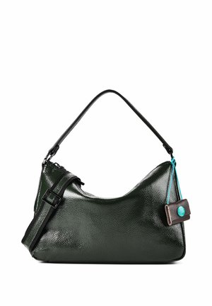 Glänzende dunkelgrüne Lederhandtasche mit kurzer und verstellbarer langer Trageschlaufe, mit kleinem braunem angebrachtem Täschchen mit türkisfarbenem Knopf und Schnur.