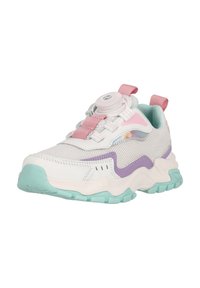 Weiße Sportschuhe aus Mesh und synthetischen Materialien, mit einem Design in Pink und Lavendel, Drehverschluss und einer strukturierten mintgrünen Sohle.