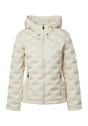 Veste d'hiver matelassée de couleur crème avec capuche, fermeture éclair à l'avant, poches latérales zippées et cordons ajustables sur la capuche.