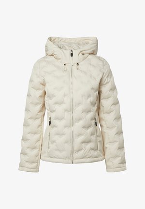 Kremowa, pikowana kurtka zimowa z kapturem, zamkiem błyskawicznym z przodu, zapinanymi na zamek kieszeniami po bokach oraz regulowanymi ściągaczami przy kapturze.