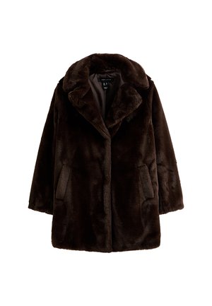 Cappotto in pelliccia sintetica marrone con ampio colletto, maniche lunghe e due tasche laterali. Il materiale ha una texture morbida e pelosa.