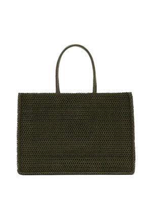Sac cabas rectangulaire tissé vert foncé avec deux poignées arrondies, présentant un motif tricoté texturé et une ouverture supérieure.