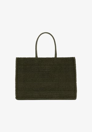 Pravouhlá tmavozelená tkaná taška s dvoma zaoblenými rukoväťami, disponujúca texturovaným pleteným vzorom a otvoreným vrchom.