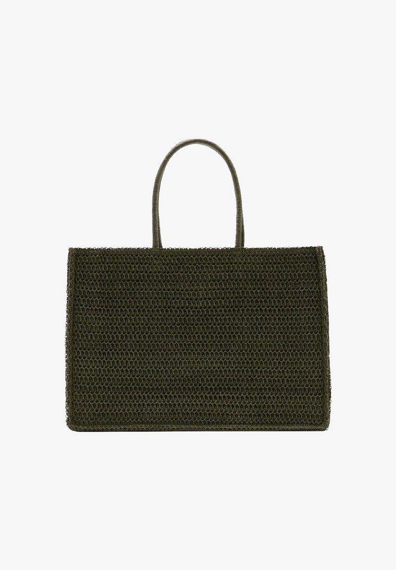 Sac cabas rectangulaire tissé vert foncé avec deux poignées arrondies, présentant un motif tricoté texturé et une ouverture supérieure.