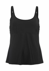 Zwarte, mouwloze tanktop van gladde stof, heeft een ronde halslijn en een uitlopende vorm, wat zorgt voor een ontspannen pasvorm.