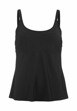 Svart, ärmlös tanktopp i mjukt tyg, med en båtringning och en utställd form som ger en avslappnad passform.