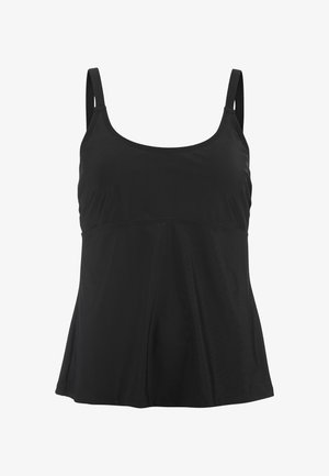 Musta, hihaton toppi, joka on valmistettu sileästä kankaasta, jossa on syvä kaula-aukko ja lievästi levenevä muoto, tarjoten rennon istuvuuden.