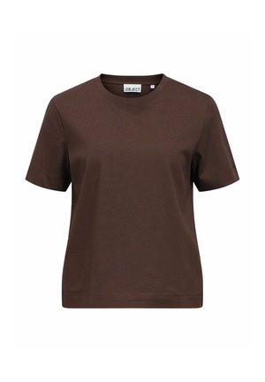 T-shirt marron uni à manches courtes avec col rond, ourlet droit et une étiquette de marque à l'intérieur du col.