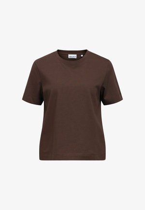 T-shirt marron uni à manches courtes avec col rond, ourlet droit et une étiquette de marque à l'intérieur du col.